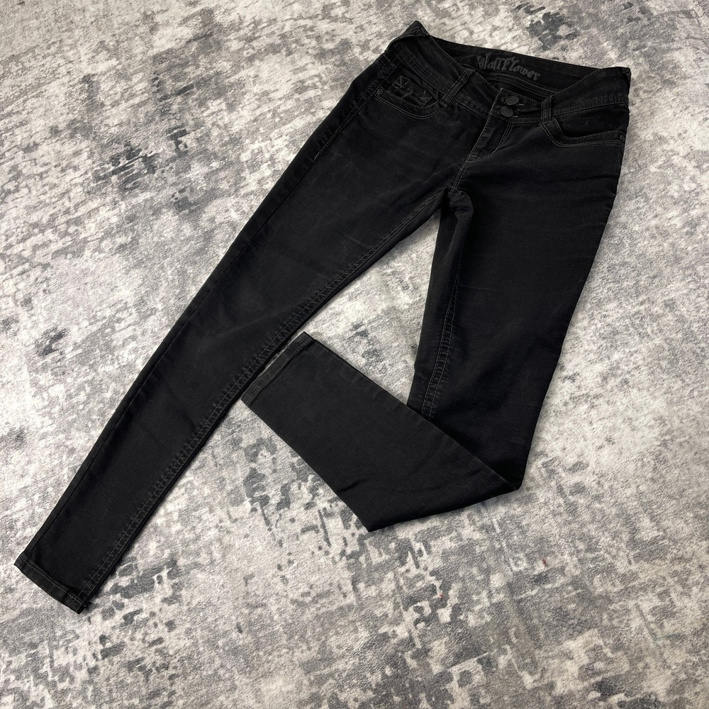 WallFlower Women's Small Black Skinny Jeans Stretch‎ Double Button Embroidered